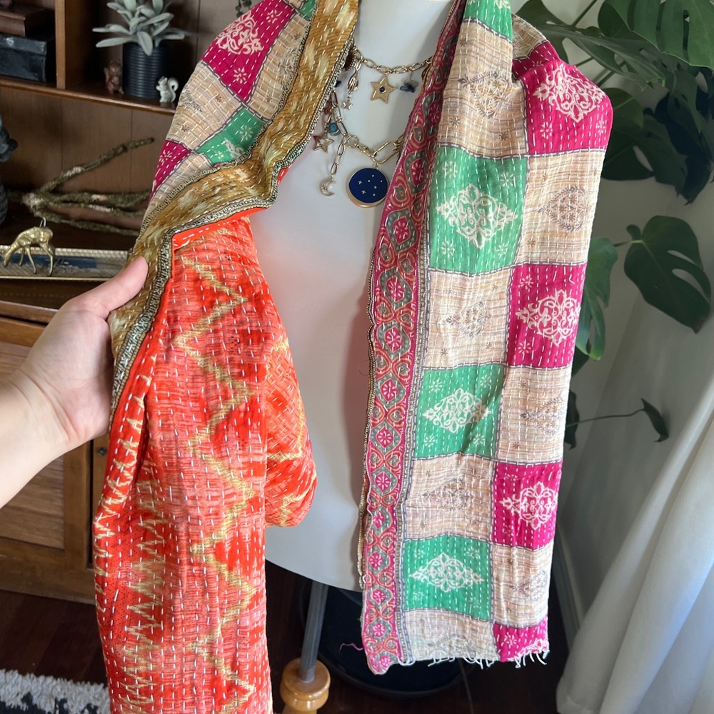 Kantha Vibrant Multicolor Scarf Wrap Shrug or Table Runner Decor NWOT - Picture 4 of 13